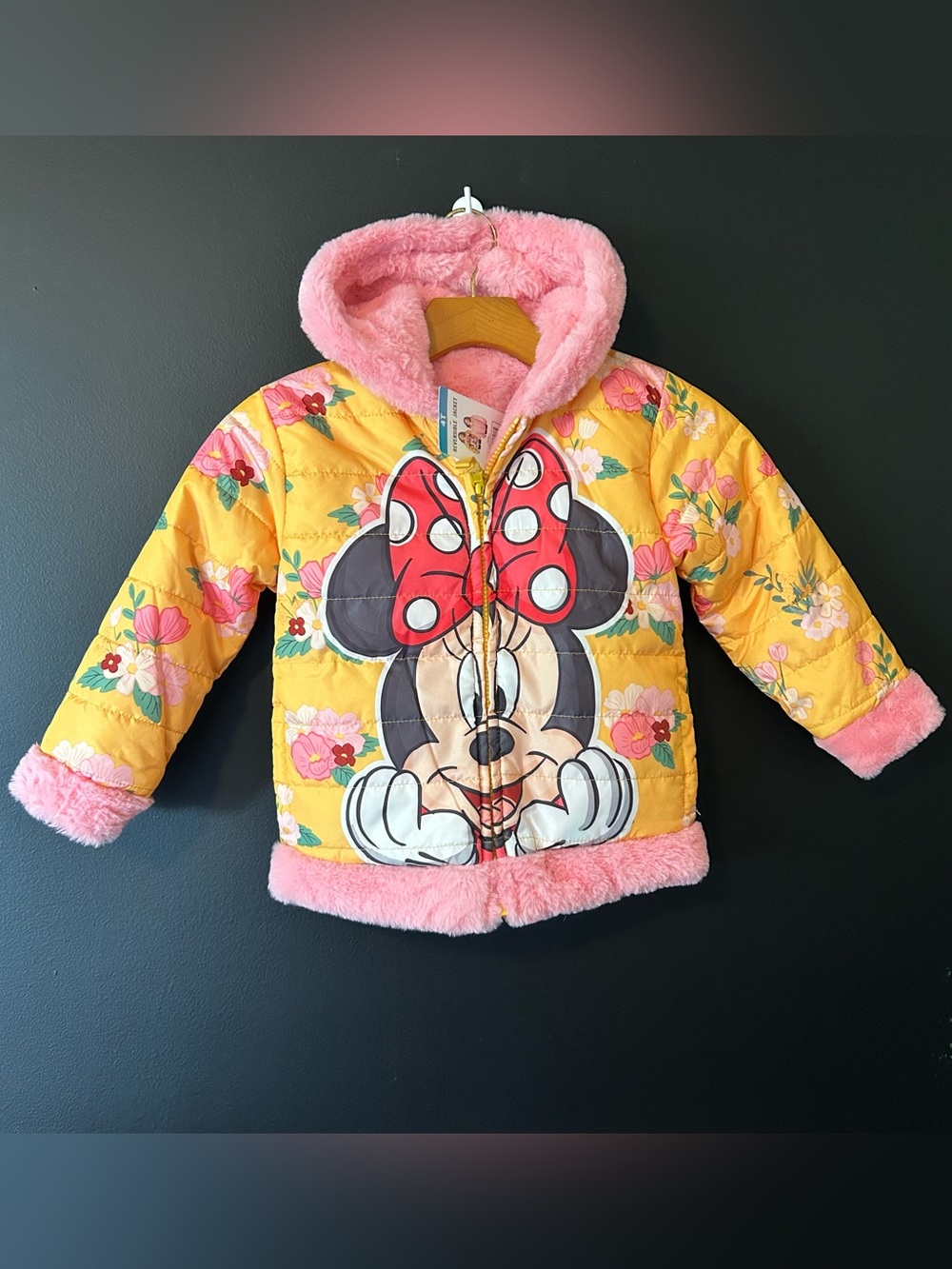 4T Girls Disney Minnie Mouse Pink & Yellow Reversible Puffer Jacket